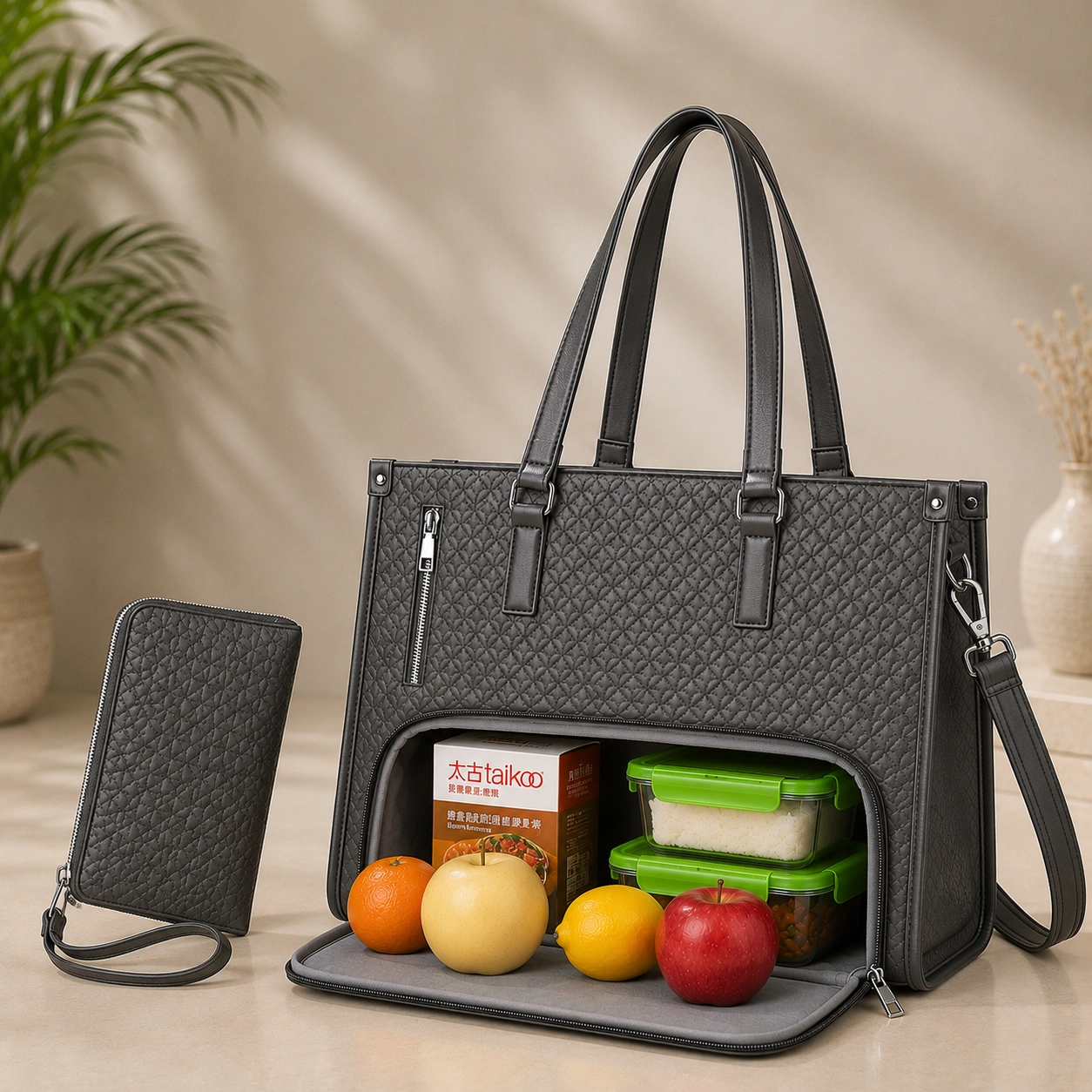 BLACK PREMIUM TOTE BAG WITH FOOD & LAPTOP COMPARTMENT WITH FREE POUCH BAG