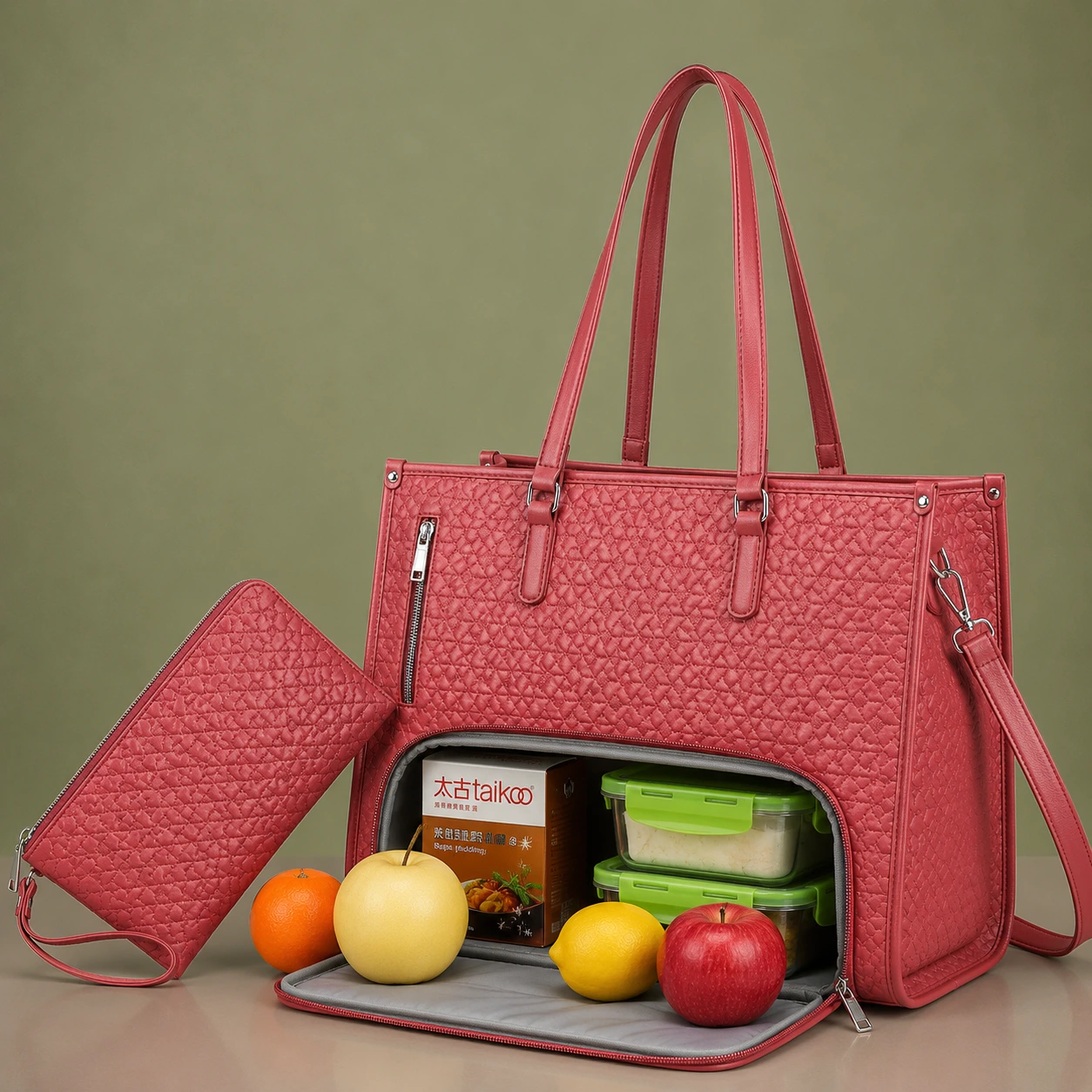 RED PREMIUM TOTE BAG WITH FOOD & LAPTOP COMPARTMENT WITH FREE POUCH BAG