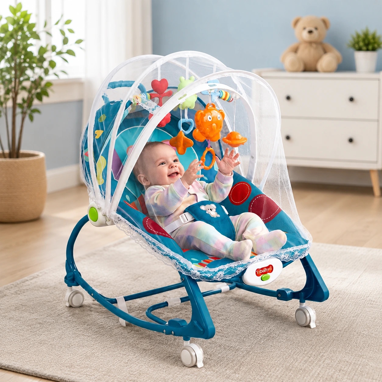 4 IN 1 BABY ROCKER WITH MUSIC, VIBRATION, WHEEL & NET