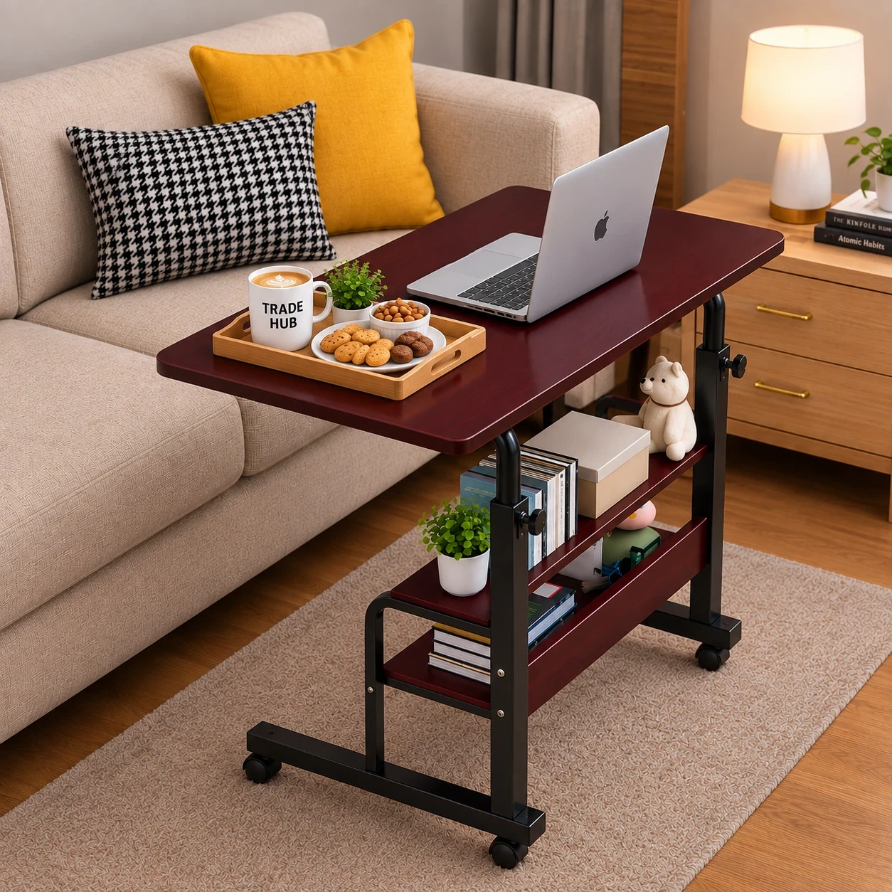 MAROON HEIGHT ADJUSTABLE TABLE  DOUBLE LAYER MOVEABLE DESK