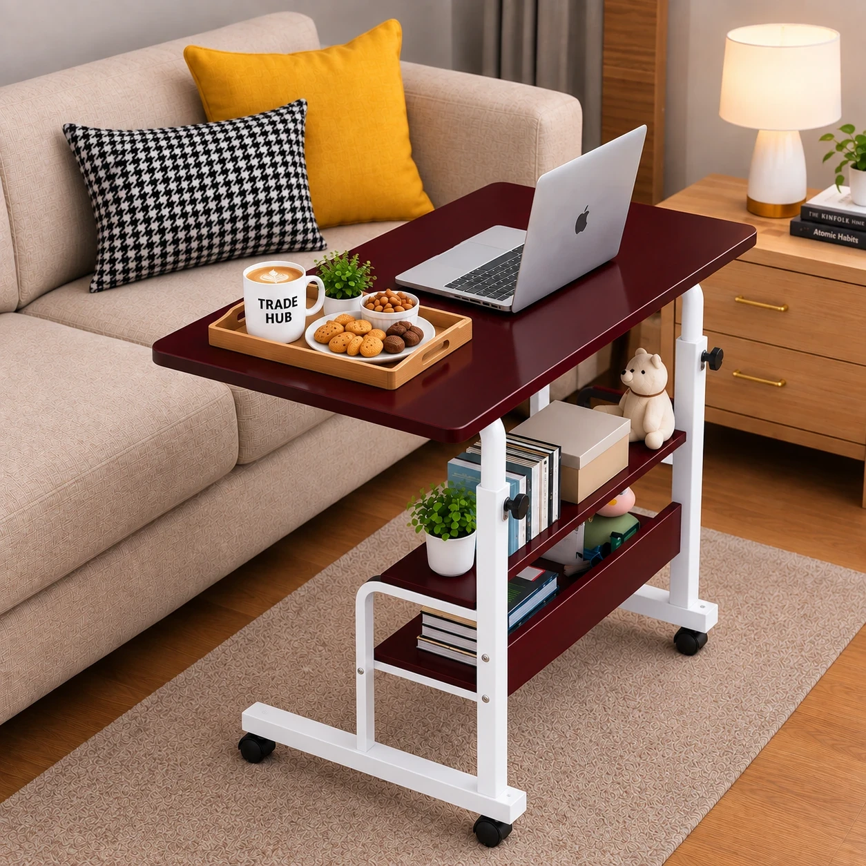MAROON WITH WHITE STAND HEIGHT ADJUSTABLE TABLE  DOUBLE LAYER MOVEABLE DESK