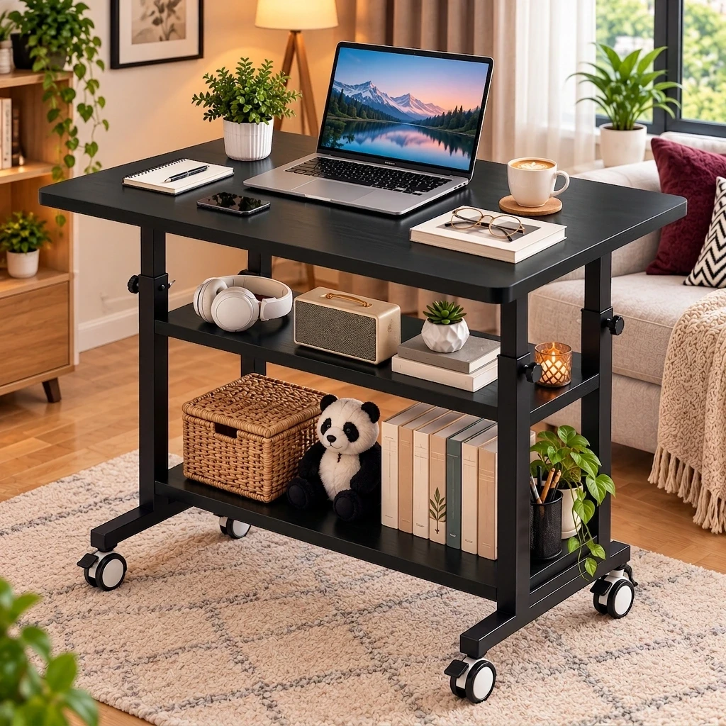 26×18 INCH BLACK 4 STAND HEIGHT ADJUSTABLE TABLE STRONG MOVEABLE DESK