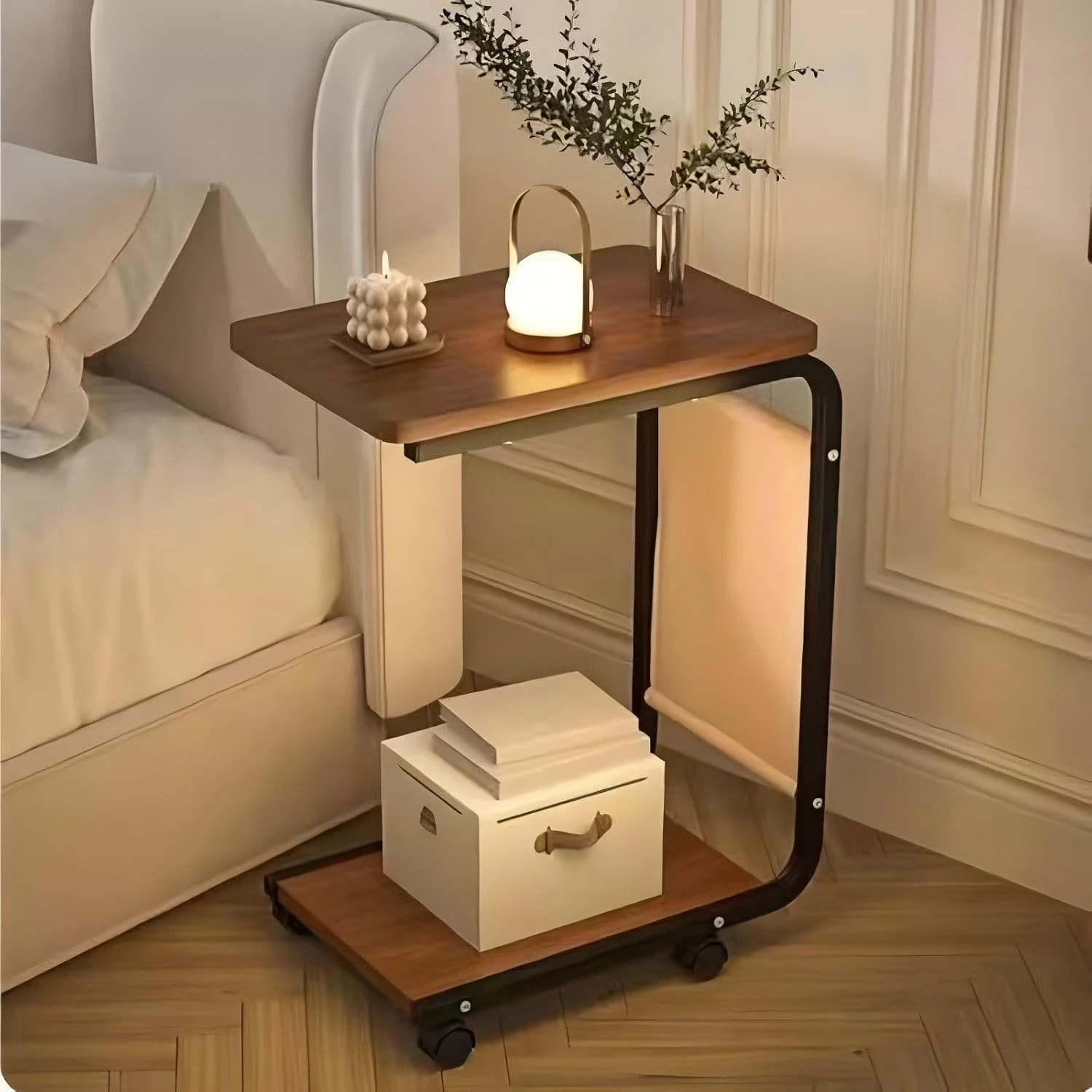 WOODEN C-SHAPED SOFA & BED SIDE TABLE MOVABLE STYLISH DESK