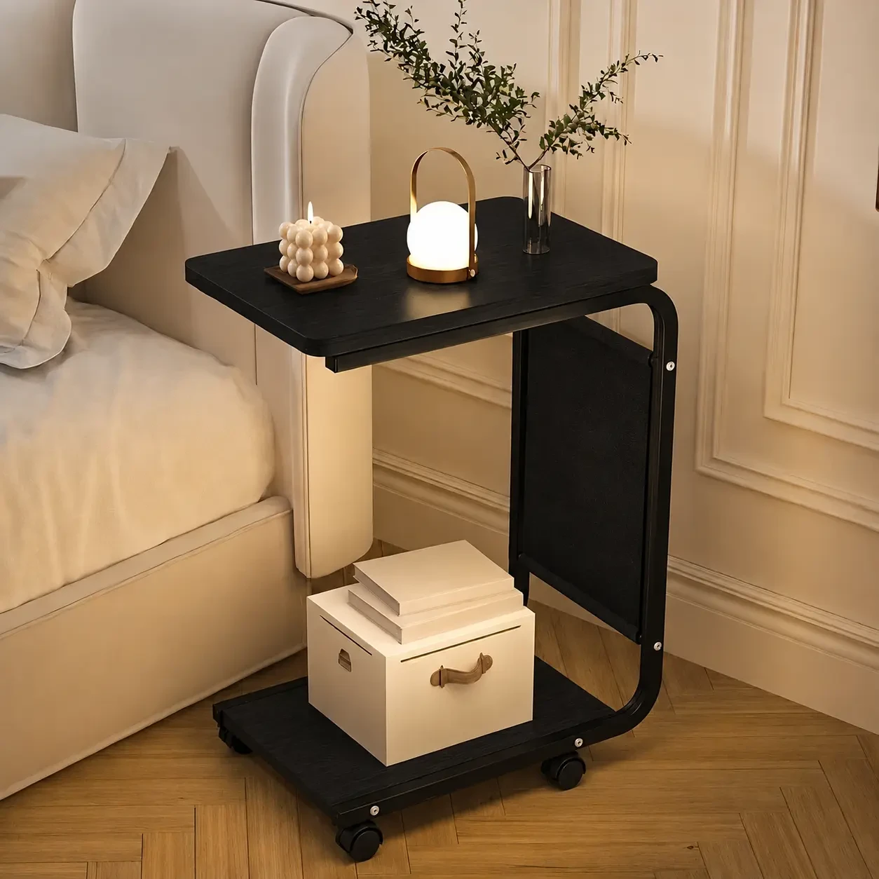 BLACK C-SHAPED SOFA & BED SIDE TABLE MOVABLE STYLISH DESK