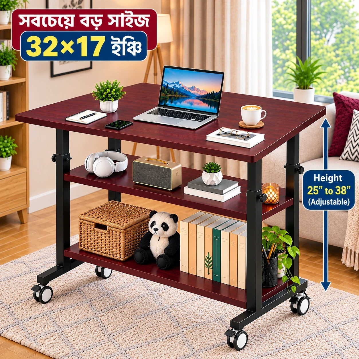 32×17 INCH MAROON 4 STAND HEIGHT ADJUSTABLE TABLE STRONG MOVEABLE DESK